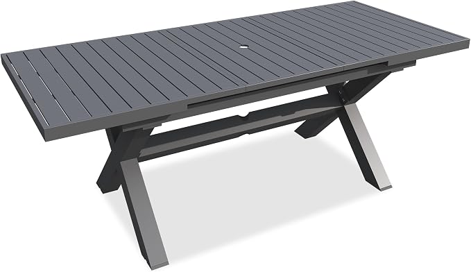 TWT Expandable Dining Table Set for 6 to 10, Aluminum Outdoor Rectangular Patio Metal Table with Umbrella Hole for Backyard Porch, Poolside and Garden, Easy Assembly, Dark Grey