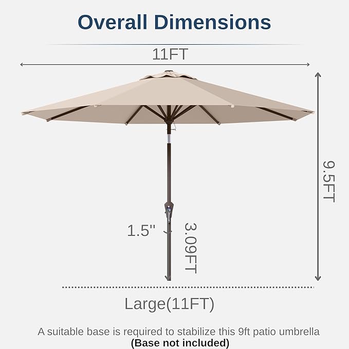 11FT Patio Umbrella, Outdoor Umbrella with with 8 Sturdy Fiberglass Ribs,Market Table Umbrella with Push Button Tilt and Crank,Suit for Backyard,Garden,Pool,Deck(Beige)