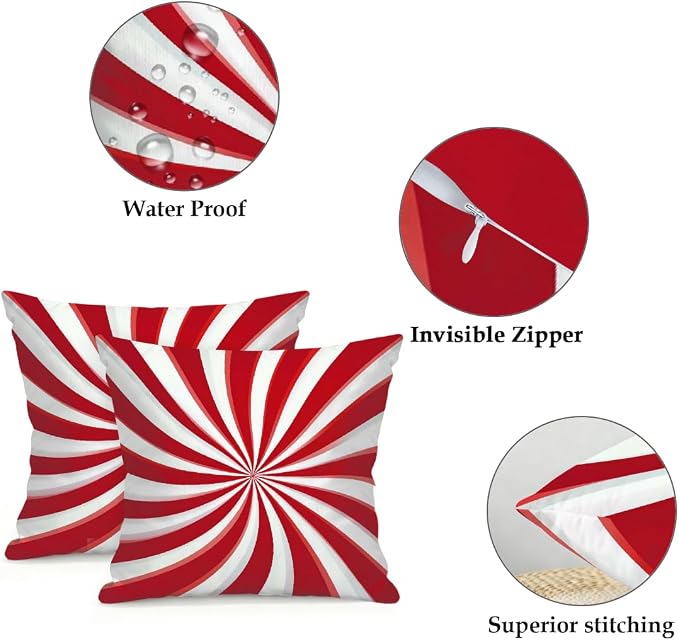 22x22 Inch Outdoor Pillow Covers Set of 2 Waterproof Throw Pillow Covers Decorative Couch Cushion Covers Candy Cane Swirl Square Pillowcases Protectors for Patio Garden Sofa