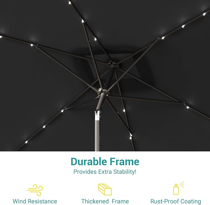 Rectangle Patio Umbrella with Solar Lights, 10 x 6.5ft Rectangular Outdoor Umbrella Table Market Patio Umbrella with Push Button Tilt and Crank for Garden, Deck, Backyard, Pool