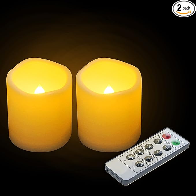 3”X3” Outdoor Flameless Candles Battery Operated LED Waterproof Pillar Candles with Remote Timer Electric Flickering LED Lights for Christmas, Halloween, Wedding, Home, Garden Decorations 2 Pack