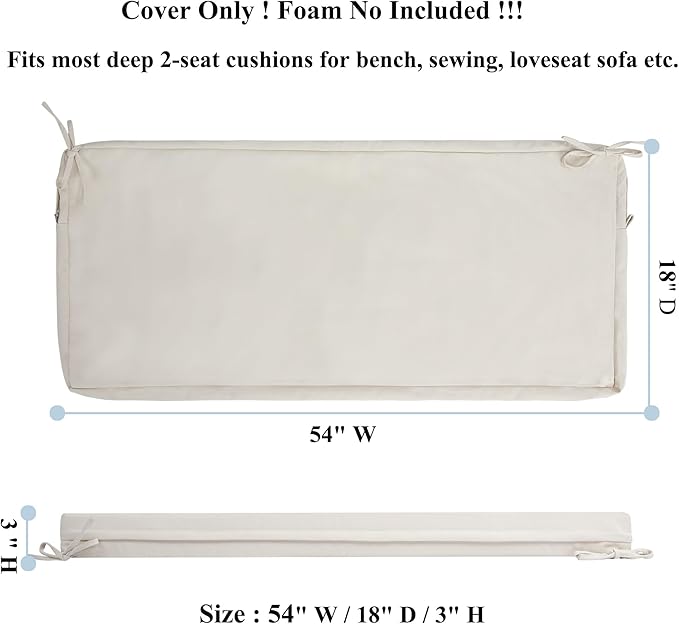 FUNHOME Outdoor Bench Cushion Covers,54" x 18" x 3", No Insert! Patio Bench Cushion Covers for Outdoor Furniture,Water Resistant Patio Loveseat Cushion Covers 1 Pack, Cream White(Covers ONLY)