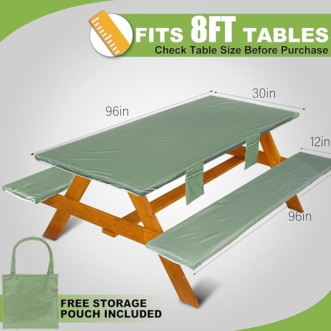 Picnic Table Cover with Bench Covers Vinyl Elastic Edges Fitted Rectangle Seat Tables Waterproof 3-Piece96X30in Set Outdoor Rectangular Folding Backing Tablecloth for Camping Over Size