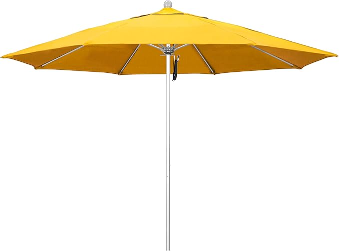 California Umbrella 11Ft Commercial Grade Sunbrella Fabric Market Umbrella, Pulley Lift, Aluminum/Fiberglass, 2mm pole wall, Silver Frame, Sunflower Yellow Fabric