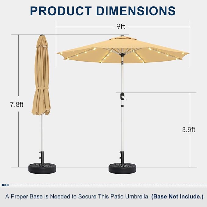 9FT Aluminum Patio Umbrella with 40-LED Solar Lighted, Fade-Resistant Outdoor Market Table Umbrella with Push Button Tilt Function, 8 Sturdy All-Aluminum Ribs for Gardens, Decks, Backyards & Pools