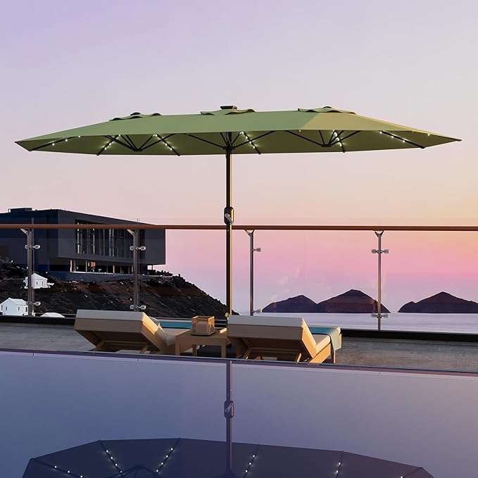 Garvee 15FTt Rectangular Patio Umbrella with Solar Lights & Base Included - Large Patio Umbrella with Crank Handle 48 LED Lights, UV Protection for Outdoor Market, Backyard, Deck, Poolside, Lime Green