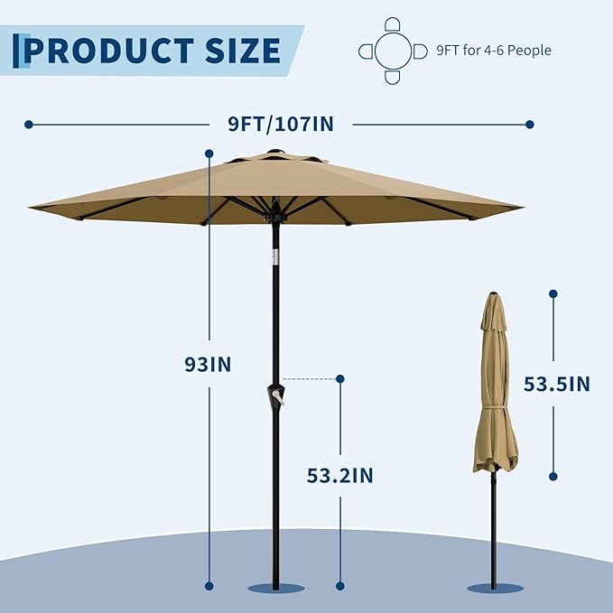 Garvee 9FT Patio Umbrella - Outdoor Table Umbrella with Smooth Crank Lift, Push Button Tilt and 8 Sturdy Ribs - Market Umbrella UV Protection Waterproof for Pool, Deck, Yard, Garden