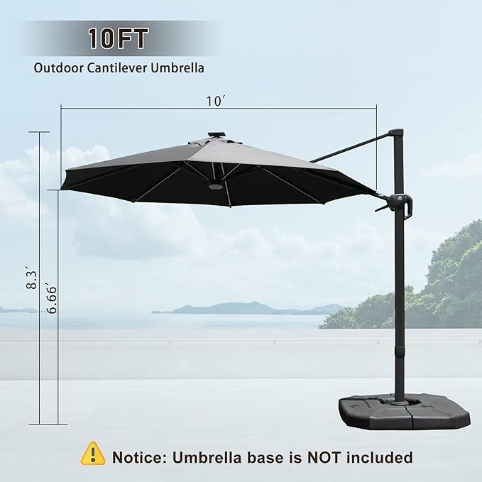 Domi 10FT Cantilever Patio Umbrella Solar Powered LED Round Deluxe Offset Umbrella, Aluminum Hanging Umbrella with 360°Rotation, Outdoor Market Umbrella for Outside Deck Backyard Garden Pool, Gray