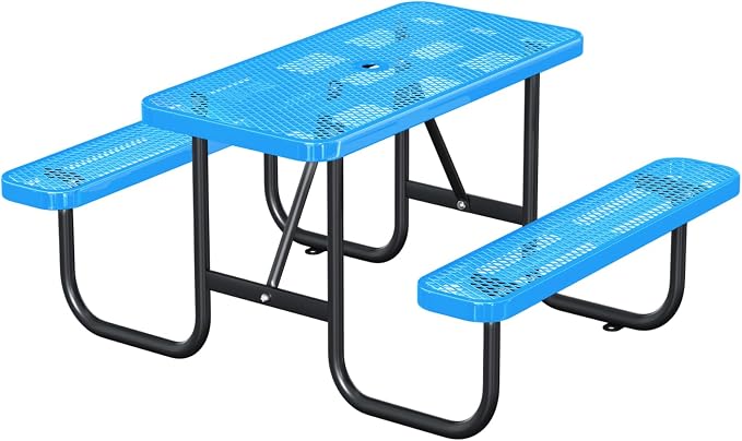 Ceridwen Heavy Duty Picnic Table with 2 Benches, Expanded Metal Steel Mesh Outdoor Patio Dining Table Bench Set with Umbrella Hole,Outdoor Patio Dining Table for Garden (Rectangular, Blue, 4FT)