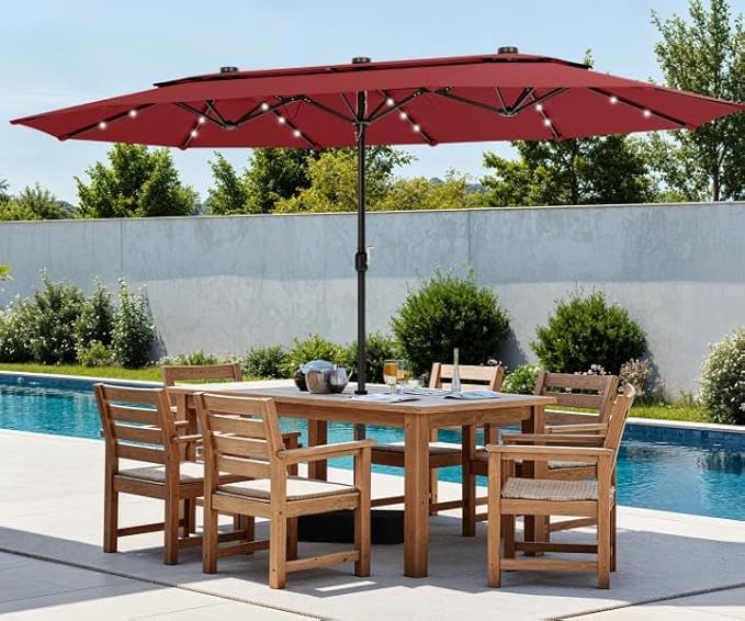 PHI VILLA 15ft 2-Tier Large Patio Umbrella with Solar Lights, Double-Sided Outdoor Market Rectangle Umbrellas with 36 LED Lights, Umbrella Base (Stand) Included, Wine Red