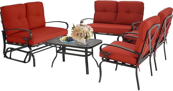 5Pcs Patio Conversation Set Outdoor Wrought Iron Furniture Set with 1 Glider,1 Loveseat, 2 Single Chairs, and Coffee Table, for Courtyard, Garden, Backyard(Red)