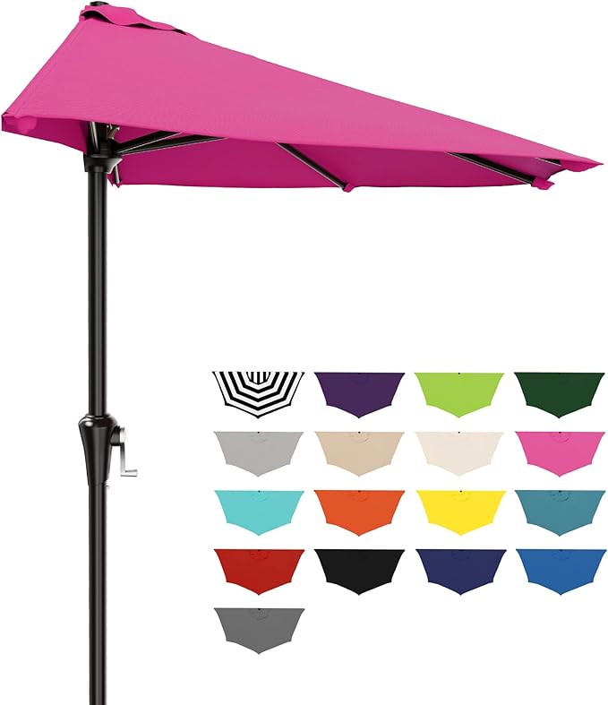 AreShark 9FT Half Patio Umbrella, Outdoor Wall Umbrella with Crank & 5 Sturdy Ribs, Table 1/2 Umbrella Patio for Garden, Deck, Balcony and Pool, Rose Pink