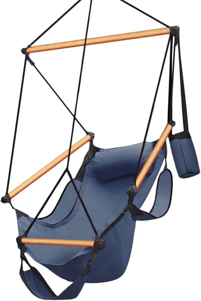 Flexzion Hanging Rope Hammock Chair (Blue) Air Deluxe Sky Swing Outdoor Seat Solid Wood 250lb with Pillow Arm Arrest Footrest and Drink Holder for Patio Furniture Camping Travel Porch Lounge