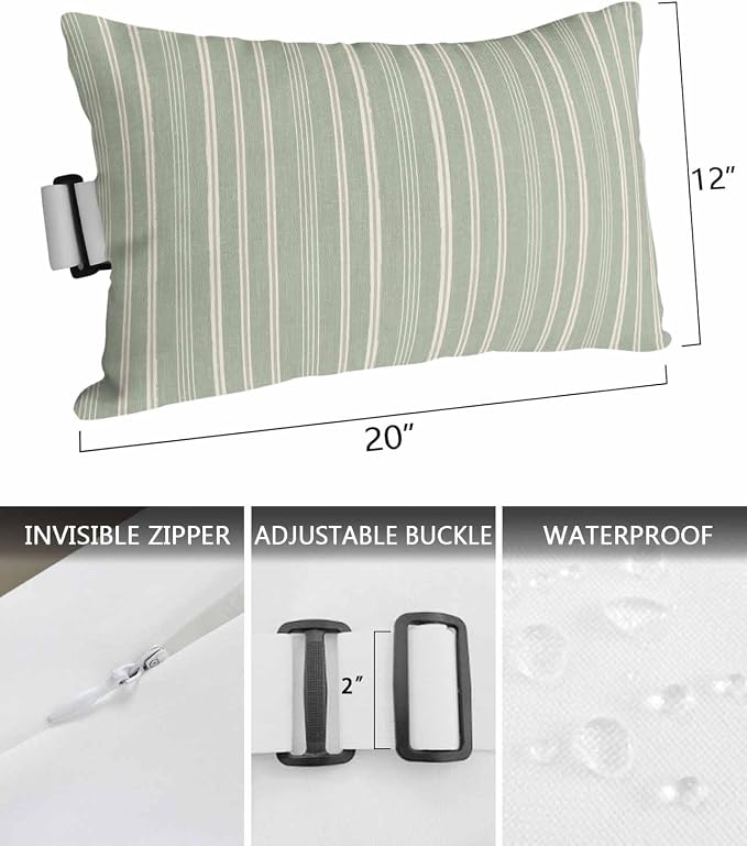 Pack of 2 Outdoor Lumbar Pillow Covers 12x20 Inch, Sage Green Striped Waterproof Throw Pillow Covers Set, Farmhouse Stripes Modern Vintage Indoor&Outdoor Decorative Cushion Cases for Patio Porch Car