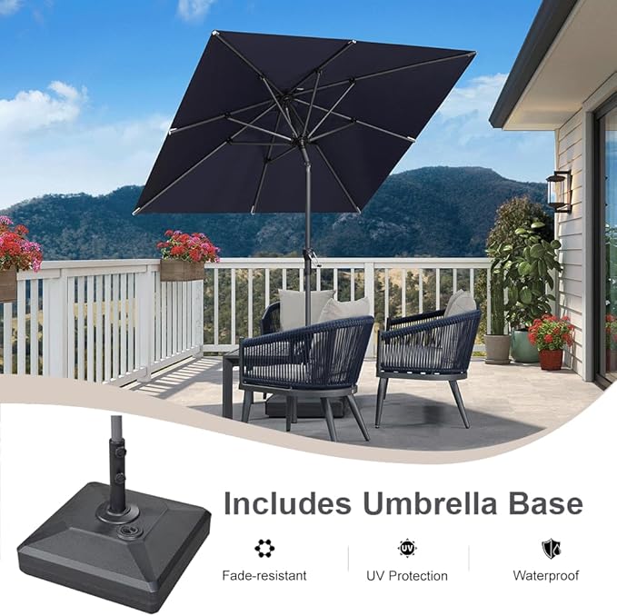PURPLE LEAF 6.5' x 6.5' Square Patio Market Umbrella with Base Outdoor Table Umbrellas Aluminum Frame Sun Shade with 8 Sturdy Ribs Tilt for Garden Deck Lawn Pool Navy Blue