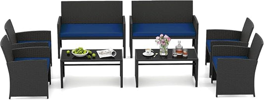 HAPPYGRILL 4 Piece Rattan Wicker Patio Conversation Set, Outdoor Furniture with Chair Loveseat Table & Cushion, for Backyard Porch Balcony (2, Black & Navy)