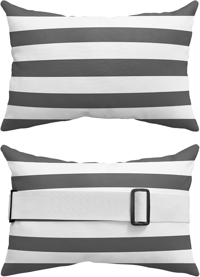 Outdoor Pillows Covers with Inserts Deep Gray and White Stripe Waterproof Recliner Pillow with Adjustable Strap Throw Pillows for Patio Furniture Pool Lounge Chair, 11x16 inch, 1PCS