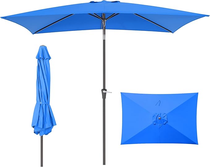 HASLE OUTFITTERS Rectangular Patio Umbrella, 6.5 x 10 ft Rectangle Table Umbrellas w/Heavy Duty Ribs, Effortless Crank and Push Button Tilt, Wind Resistant Sun Umbrella for Outdoor Patio, Blue