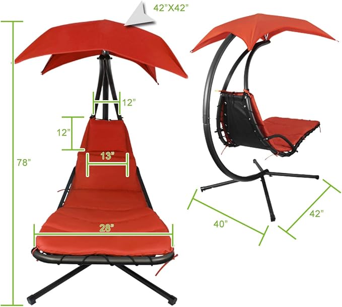 Patio Hanging Chaise Outdoor Lounger Padded Cushion Swing Hammock Chair w/Sun Shade Canopy Umbrella Stand [Orange]