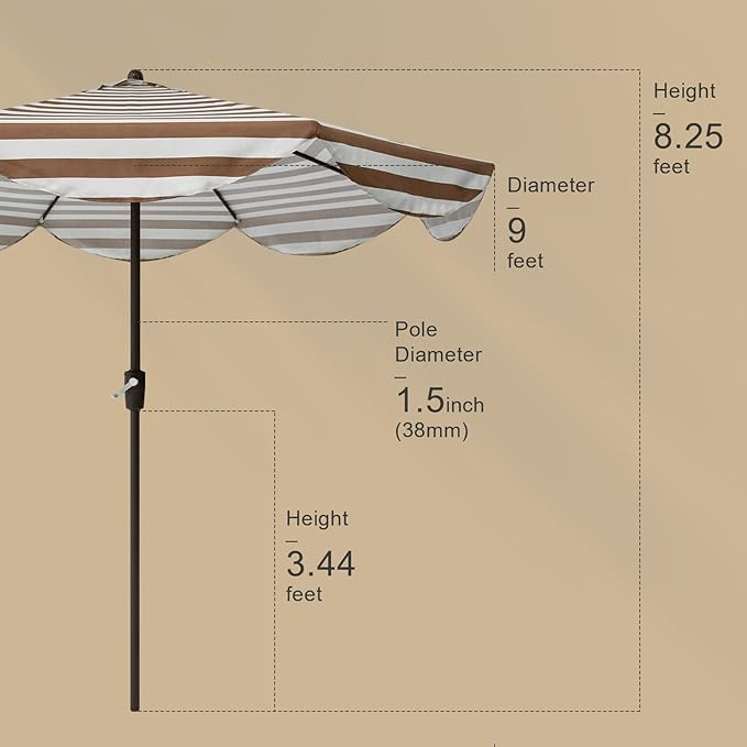 Tempera 9ft Auto Tilt Scalloped Patio Umbrellas Outdoor Table Umbrellas with Fade Resistant Canopy, 8 Sturdy Rids, Luxurious Vintage Umbrellas for Lawn, Pool, Deck, Balcony