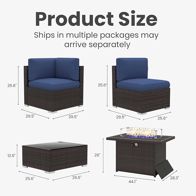 10 Pieces Patio Furniture Set with 44" Propane Gas Fire Pit Table, Outdoor Sectional Brown Rattan Wicker Conversation Sofa Sets with Coffee Table