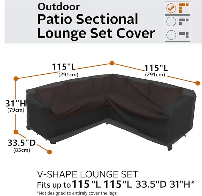 Upgraded Patio Furniture Covers, Waterproof Outdoor Sectional Cover, 600D PU Outdoor Furniture Sofa Covers 115" x 115" V Shaped Oudoor Couch Cover, L-Shaped Lawn Outside Protector - Midnight Black