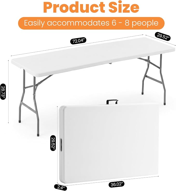 6 FT Heavy Duty Folding Table, Portable Plastic Table with Steel Legs & Carry Handle, Fold-in-Half Design for Indoor Outdoor, Party, Picnic, Camping, Dining (White)
