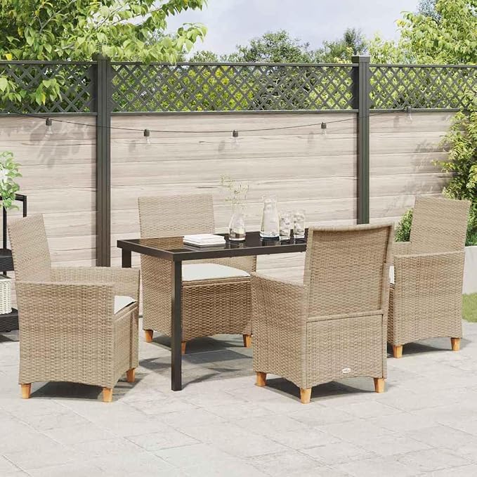 5 Piece Garden Dining Set, Weather-Resistant Poly Rattan Patio Furniture with Glass Tabletop and 4 Chairs for Outdoor Backyard Deck, Beige