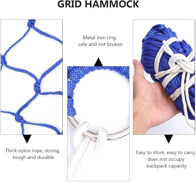 Abaodam Portable Outdoor Nylon Hammock for Camping and Garden Use, Blue Mesh Leisure Hanging Bed 230x80cm with 5.5mm Thick Rope, Lightweight Travel Hammock for Patio and Backyard
