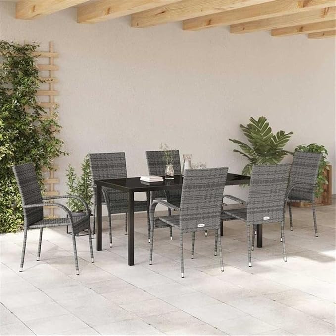 Afuera Living 7 Piece Poly Rattan Patio Dining Set, Black Powder-Coated Steel Frame, Weather-Resistant, Rectangular Table with Flat Armrest Chairs, Modern Outdoor Furniture for Garden, Balcony, or