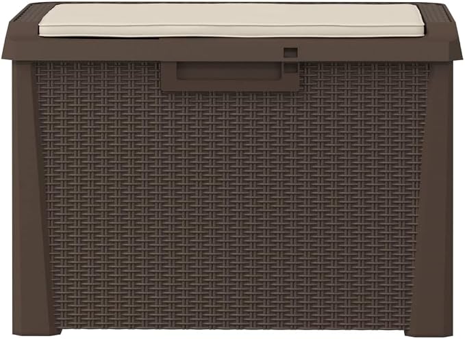 Outdoor Patio Storage Box with Seat Cushion 33 Gallon, Rattan Look Weatherproof Garden Storage Bench for Pillows Blankets Toys, Brown PP Plastic Multi-Purpose Deck Box with Gas-Lift Lid