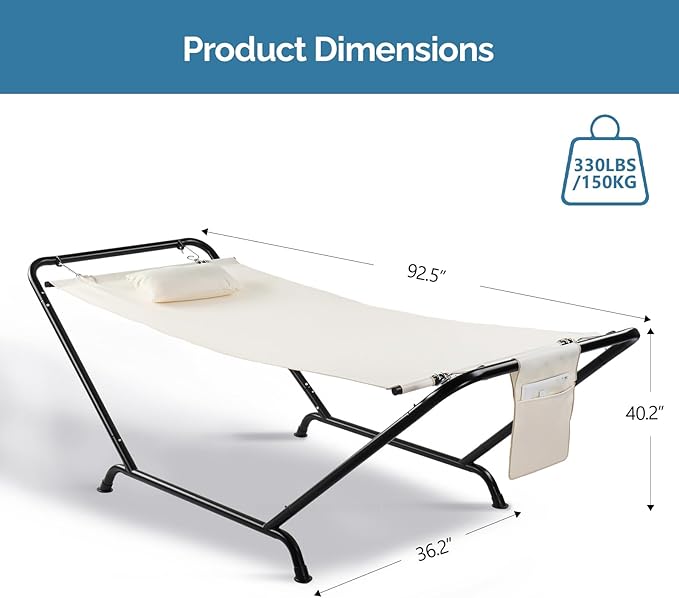 Freestanding Hammock with Stand, 330lbs Capacity Heavy Duty Outdoor Hammock Bed with Soft Pillow & Side Storage Pocket, Double-Layer Fabric Portable Hammock for Patio, Garden, Beige