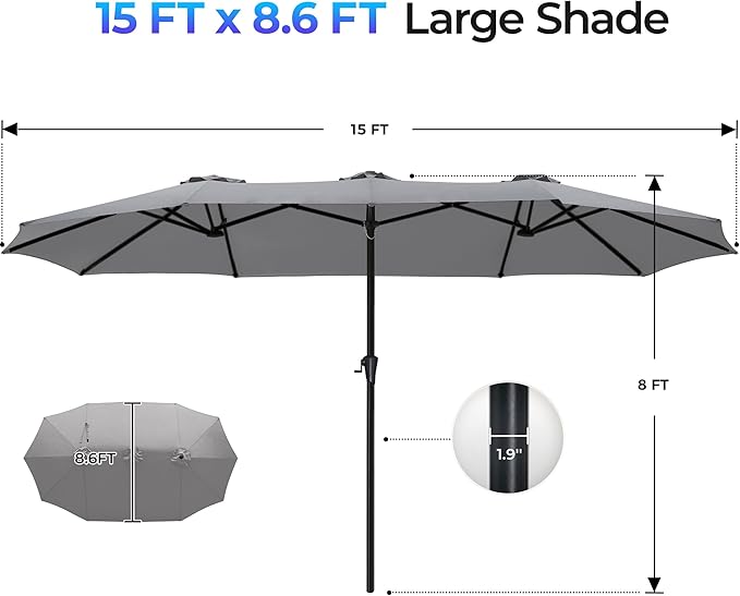 SUPERJARE 15FT Outdoor Umbrella for Patio, Double sided Pool Umbrellas with Fade Resistant Canopy, Large Table Umbrella for Deck, Market, Backyard - Gray(No Base)