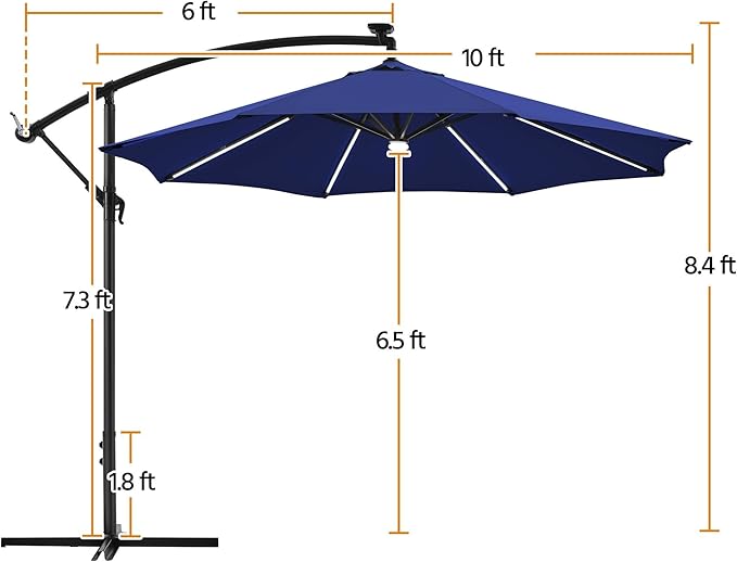 Yaheetech 10 FT Solar Powered LED Patio Umbrella Outdoor Cantilever Umbrella, UV Protection & Windproof, Offset Hanging Sunshade w/Strip Lights & Hub Light for Backyard Garden Pool