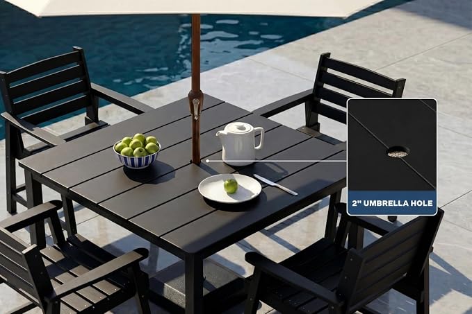 HDPE Outdoor Dining Set for 6, Modular Tables & 6 Armchairs | • Expandable 2-Table Combo • Dual 2" Umbrella Openings • 410 lbs High Weight Limit • All-Weather Polywood