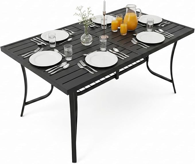 60" Outdoor Metal Patio Dining Table, Rectangular Steel Slat Table with Umbrella Hole, Modern Weather-Resistant Garden Table for 6 People, Backyard, Deck, Black