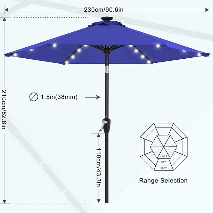 MASTERCANOPY 7.5FT 6Ribs Patio Umbrella with 32 Solar LED Lights, Outdoor Market Umbrella with Tilt & Crank, UV Protection & Fade Resistant Fabric, Easy Set-Up for Garden, Deck, Pool (Blue)