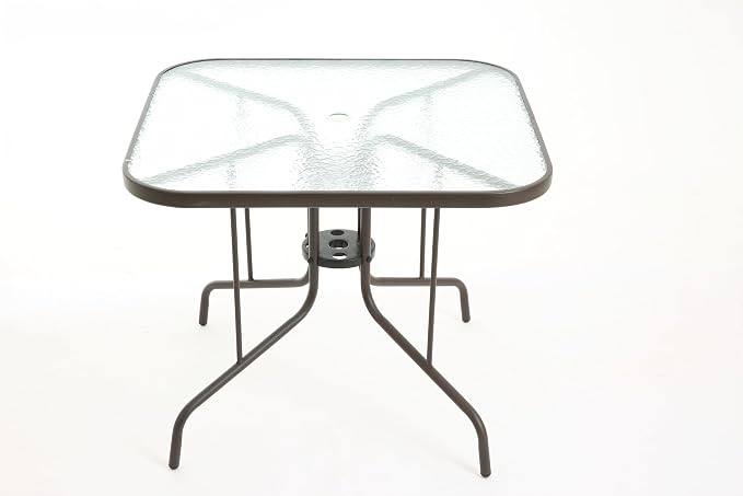 Patio Dining Table 35” Square Tempered Glass Top Outdoor Bistro Table for 4 Persons with 1.5” Umbrella Hole and Sturdy Metal Frame Brown for Backyard Lawn Deck Poolside