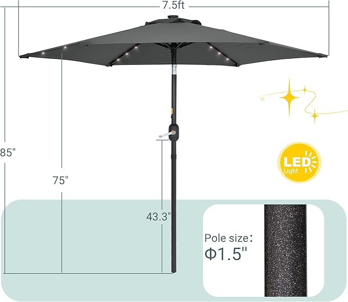 7.5ft Outdoor Umbrella Patio Umbrella with Solar Lights,18 LED Lighted Table Market Outdoor Umbrella, 2-Year-Non-Fading, for Pool, Deck, Garden,Backyard