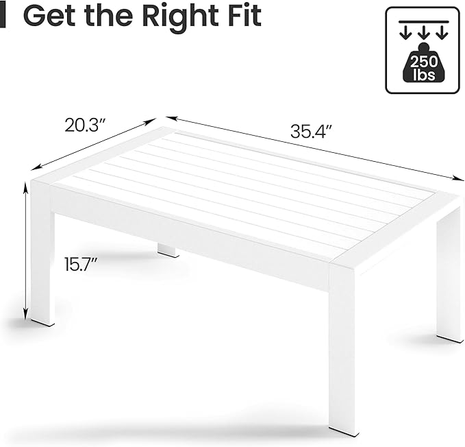 Kiss the Water Aluminum Patio Coffee Table – All-Weather Outdoor Table with Sturdy Metal Frame, Perfect for Backyard, Porch, Garden, Poolside, and Balcony, White