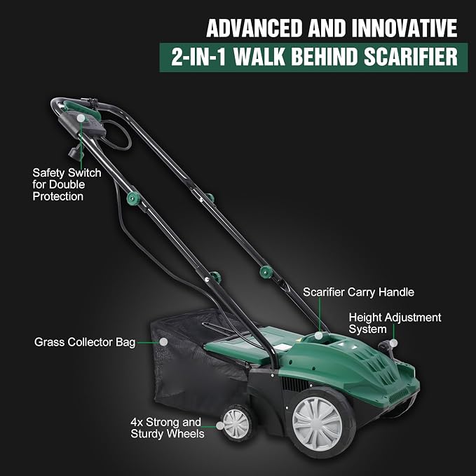 13" Electric Dethatcher and Scarifier 12 Amp Lawn Dethatcher with 31.7QT Collection Bag 2-in-1 Thatcher for Lawn Turf Vacuum for Artificial Grass Green