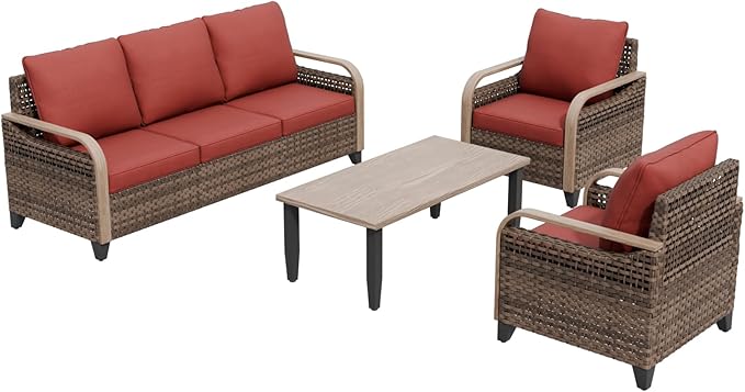 COOS BAY Modern Wicker Outdoor Furniture Set, 4 Piece Patio Conversation Set with 2 Patio Chairs, a 3 Seat Couch and Side Table, 4 Piece, Brown/Red