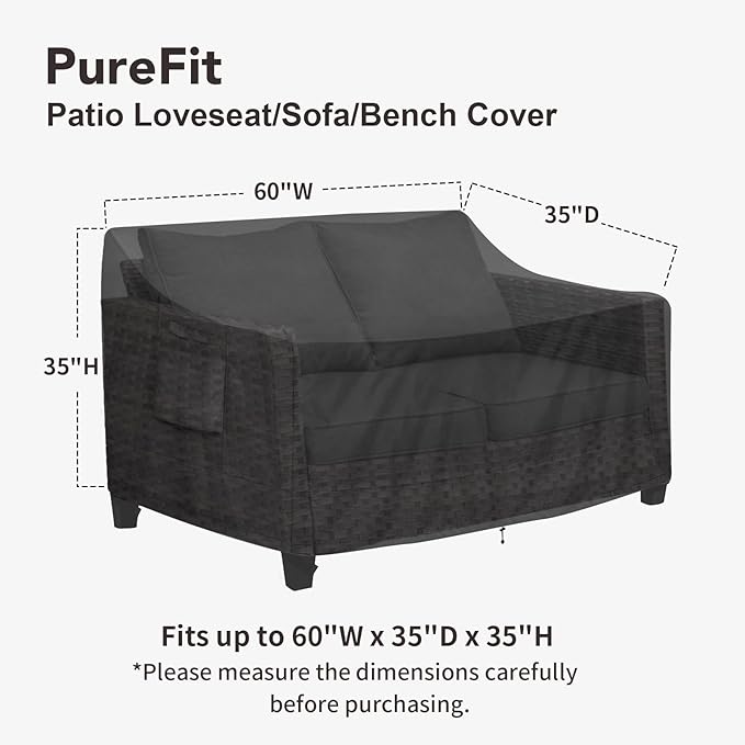 PureFit Outdoor Couch Cover Waterproof Patio Sofa Furniture Covers, 2-Seater Outdoor Loveseat Cover with Air Vent and Handles, 60W x 35D x 35H Inches, Black