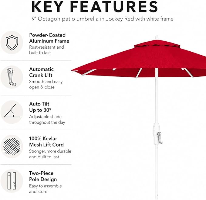 Treasure Garden 9ft Patio Umbrella - Outdoor Furniture Market Umbrella – Deluxe Auto-Tilt – White Aluminum Frame (Sunbrella, Jockey Red)