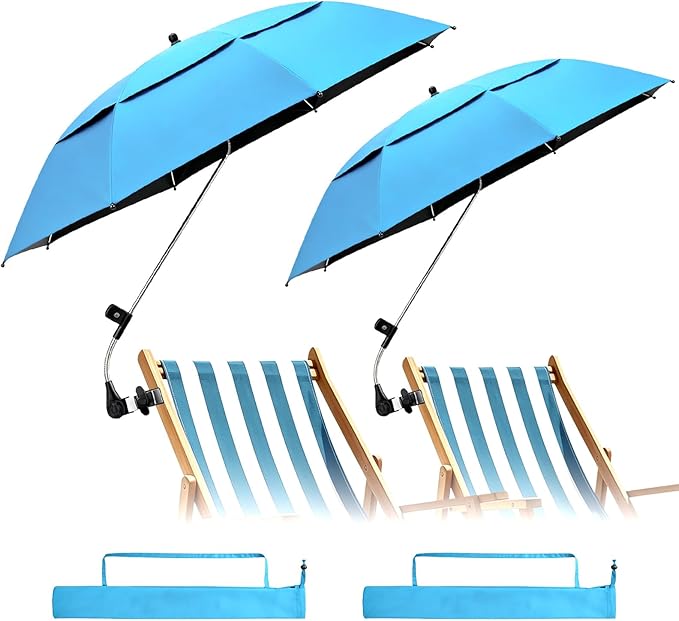 2 Pack 42 Inch Double Canopy Beach Chair Umbrella with Clamp, UPF50+ Clip on Beach Umbrella with 360° Swiwel Arm & Adjustable Clip, Portable Sun Shade for Wheelchair, Stroller, Camping