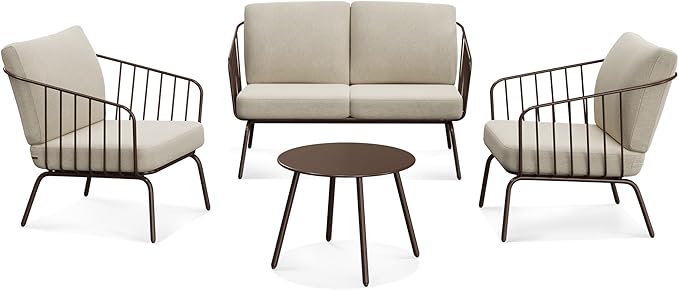 East Oak 4-Piece Plaza Patio Furniture Set, Outdoor Furniture with Thick Cushion Sofa and Coffee Table, Modern Patio Conversation Set for Garden, Backyard and Porch, Brown & Beige