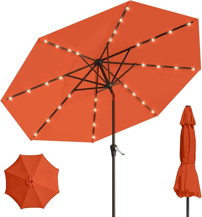 9' Solar LED Patio Umbrella with Tilt & Crank|8 Sturdy Ribs,UV Protection,Outdoor Market Table Umbrella for Deck,Lawn,Pool,Backyard(Orange)