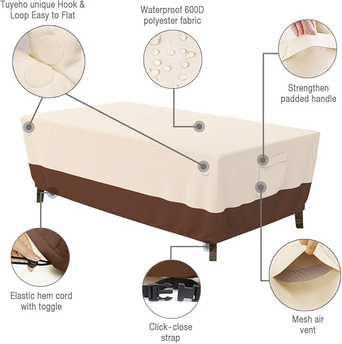 Tuyeho Patio Furniture Cover 74 x 48 x 28 inch, Durable Heavy Duty Oxford Fabric Outdoor Rectangular Table Cover , Waterproof & Weather Resistant for Your Coffee Table and Chairs (Beige & Brown)
