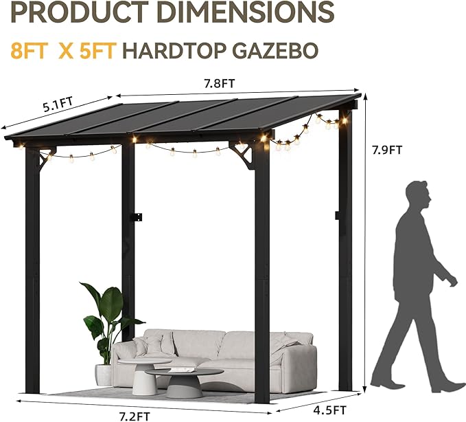 Aoxun 8' x 5' Gazebo for Patio, Gazebo Pergola with Sloped Roof and LED Waterproof Hanging Lights Large Wall-Mounted Heavy Duty Awning for Backyard, Deck, Patio