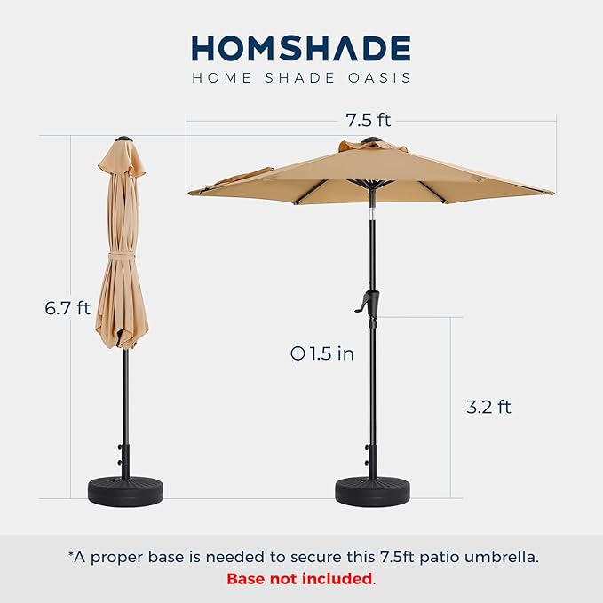 HOMSHADE 7.5ft Outdoor Patio Umbrella - Market Table Pool Deck Umbrella UPF50+ UV Protection with Push Button Tilt, Crank and 6 Sturdy Ribs (Beige, No base)
